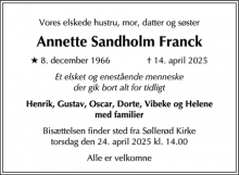 Dødsannoncen for Annette Sandholm Franck - Holte