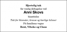 Dødsannoncen for Anni Skov - Kildegårdsvej 2 4871 Horbelev