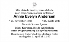Dødsannoncen for Annie Evelyn Andersen - Nykøbing Falster