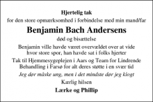 Dødsannoncen for Benjamin Bach Andersen - Aars