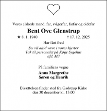 Dødsannoncen for Bent Ove Glenstrup - Gadstrup 
