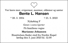 Dødsannoncen for Bente L. Hansen - Nykøbing F