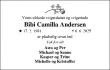 Dødsannoncen for Bibi Camilla Andersen - Rødding Spøttrup