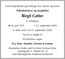 Dødsannoncen for Birgit Catter - København N