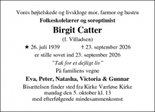 Dødsannoncen for Birgit Catter - København N
