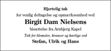 Dødsannoncen for Birgit Dam Nielsens - Lundvej 4D, 2.Tv. 6800 Varde