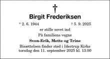 Dødsannoncen for Birgit Frederiksen - KØBENHAVN N
