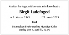 Dødsannoncen for Birgit Ladefoged - Greve