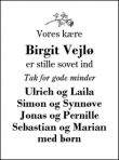 Dødsannoncen for Birgit Vejlø - Herning