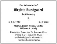 Dødsannoncen for Birgitte Bundgaard - Frederiksværk