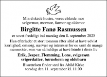Dødsannoncen for Birgitte Fanø Rasmussen - København S