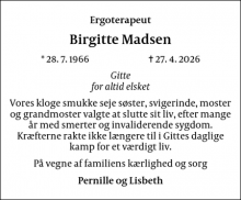 Dødsannoncen for Birgitte Madsen - København
