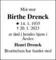 Dødsannoncen for Birthe Drenck - brabrand