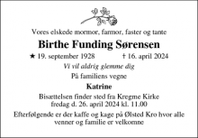 Dødsannoncen for Birthe Funding Sørensen - København og Kregme