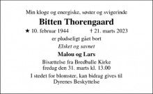 Dødsannoncen for Bitten Thorengaard - Ebeltoft