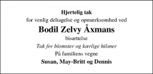 Dødsannoncen for Bodil Zelvy Åxman - Hundested