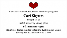 Dødsannoncen for Carl Skyum - Billum
