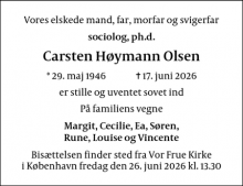 Dødsannoncen for Carsten H&oslash;ymann Olsen - København