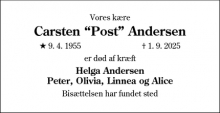 Dødsannoncen for Carsten “Post” Andersen - Sakskøbing
