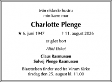 Dødsannoncen for Charlotte Plenge - Virum