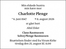 Dødsannoncen for Charlotte Plenge - Virum