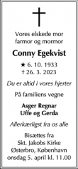 Dødsannoncen for Conny Egekvist - Helsingør