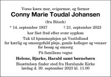 Dødsannoncen for Conny Marie Toudal Johansen - Horslunde