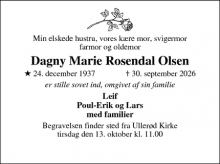 Dødsannoncen for Dagny Marie Rosendal Olsen - hillerød