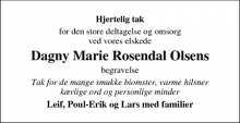 Dødsannoncen for Dagny Marie Rosendal Olsen - HILLERØD