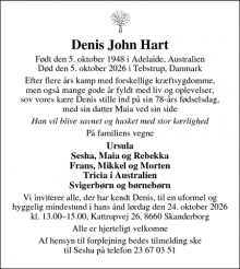 Dødsannoncen for Denis John Hart - Skanderborg