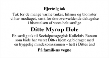 Dødsannoncen for Ditte Myrup Hole - Svingelbjerg