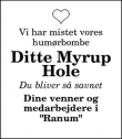 Dødsannoncen for Ditte Myrup
Hole - Ranum
