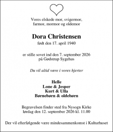 Dødsannoncen for Dora Christensen - Ringkøbing