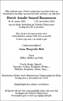 Dødsannoncen for Dorrit Amalie S&oslash;mod Rasmussen - Kibæk