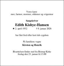Dødsannoncen for Edith Kisbye-Hansen - Haarby