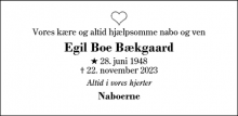 Dødsannoncen for Egil Boe Bækgaard - Kollund, Lind, Herning