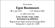 Dødsannoncen for Egon Rasmussen - Gevninge