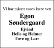 Dødsannoncen for Egon S&oslash;ndergaard - Nr. Søby