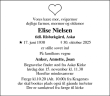 Dødsannoncen for Elise Nielsen - Nykøbing Falster