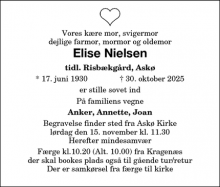 Dødsannoncen for Elise Nielsen - Nykøbing Falster