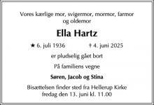 Dødsannoncen for Ella Hartz - hellerup