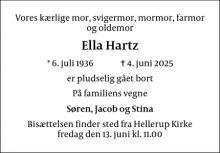 Dødsannoncen for Ella Hartz - hellerup