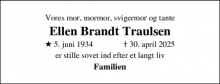 Dødsannoncen for Ellen Brandt Traulsen - Køge