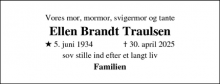 Dødsannoncen for Ellen Brandt Traulsen - Køge