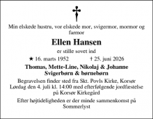 Dødsannoncen for Ellen Hansen - Bisserup