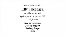 Dødsannoncen for Elly Jakobsen - Højslev