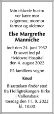 Dødsannoncen for Else Margrethe
Manniche - Vallensbæk