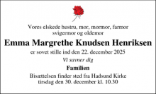 Dødsannoncen for Emma Margrethe Knudsen Henriksen - Hadsund