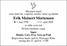 Dødsannoncen for Erik Meinert Mortensen - Thorsager 8410 Rønde