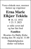 Dødsannoncen for Erna Marie
Elkjær Tekiela - Odense